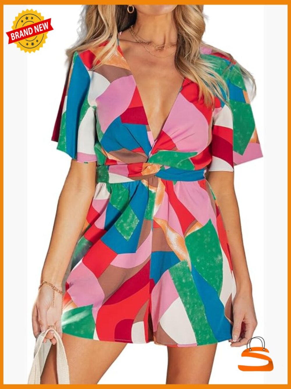 Tropical Print Short Romper Twist Knot V Neck Tie Back